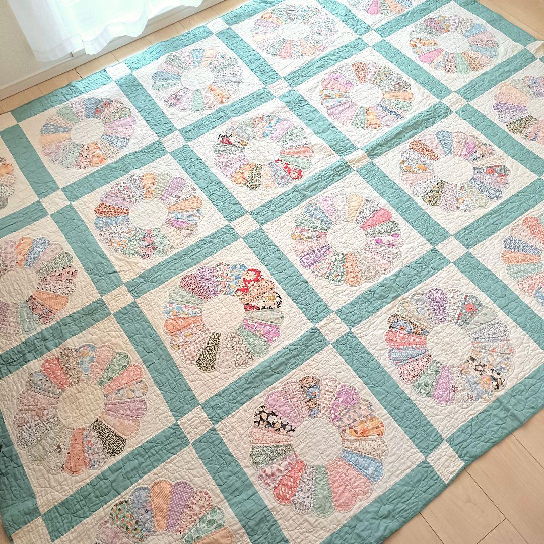 手縫い ヴィンテージキルト ドレスデンプレート ハンドメイド 大判 敷物