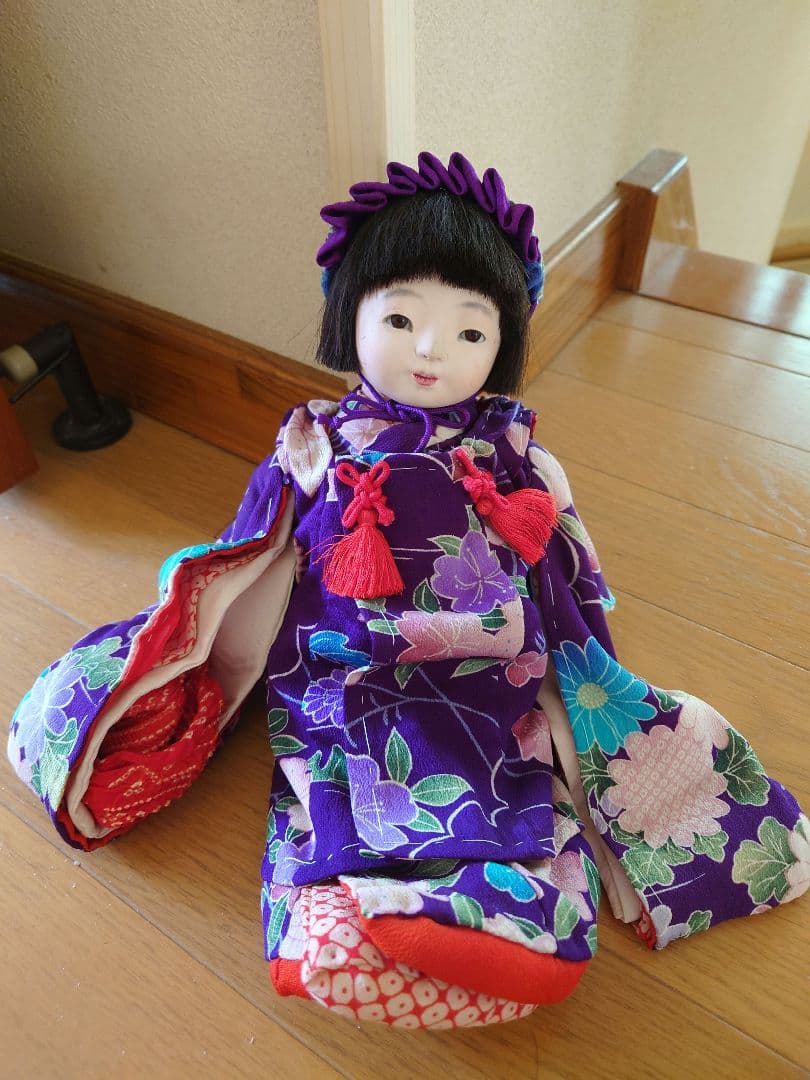 樫村瑞観　自由人形　市松人形　32cmくらい　着物+被布+お帽子