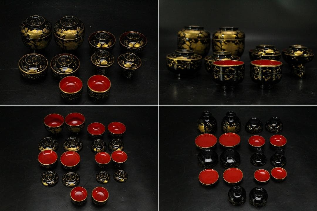 雛祭り 小さな 唐草蒔絵 雛道具 一式 時代物 骨董 漆器(LC905)