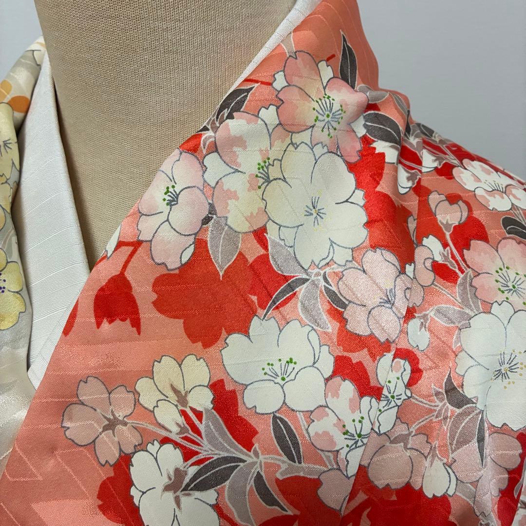 【美品】【振袖】総柄 桜 紗綾形地紋 朱色×アイボリー 卒業式 袴用にも