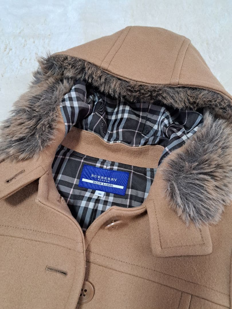 バーバリーブルーレーベル　ウールコート　ノバチェック　ロゴボタン　キャメル　M