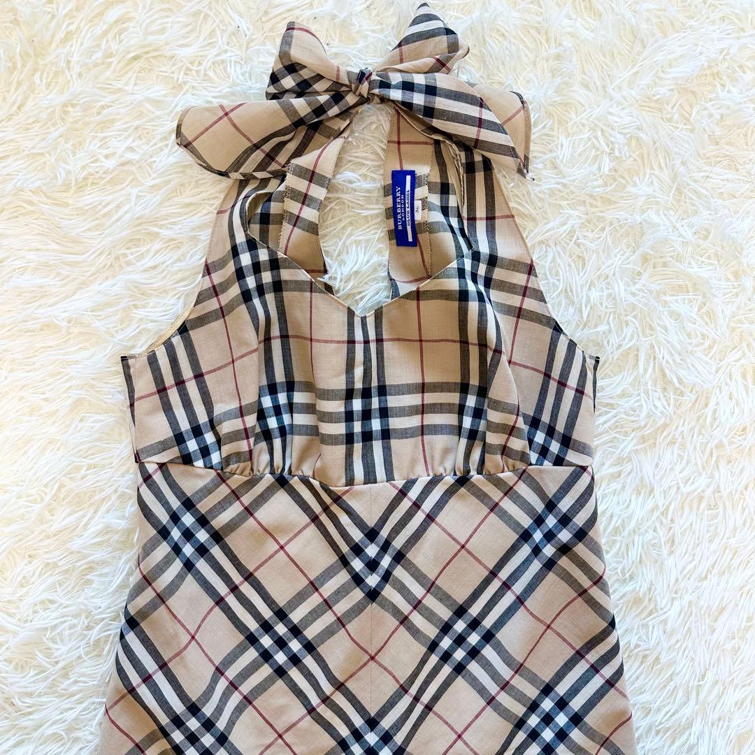 美品 バーバリーブルーレーベル ノバチェック ワンピース ホルターネック 36