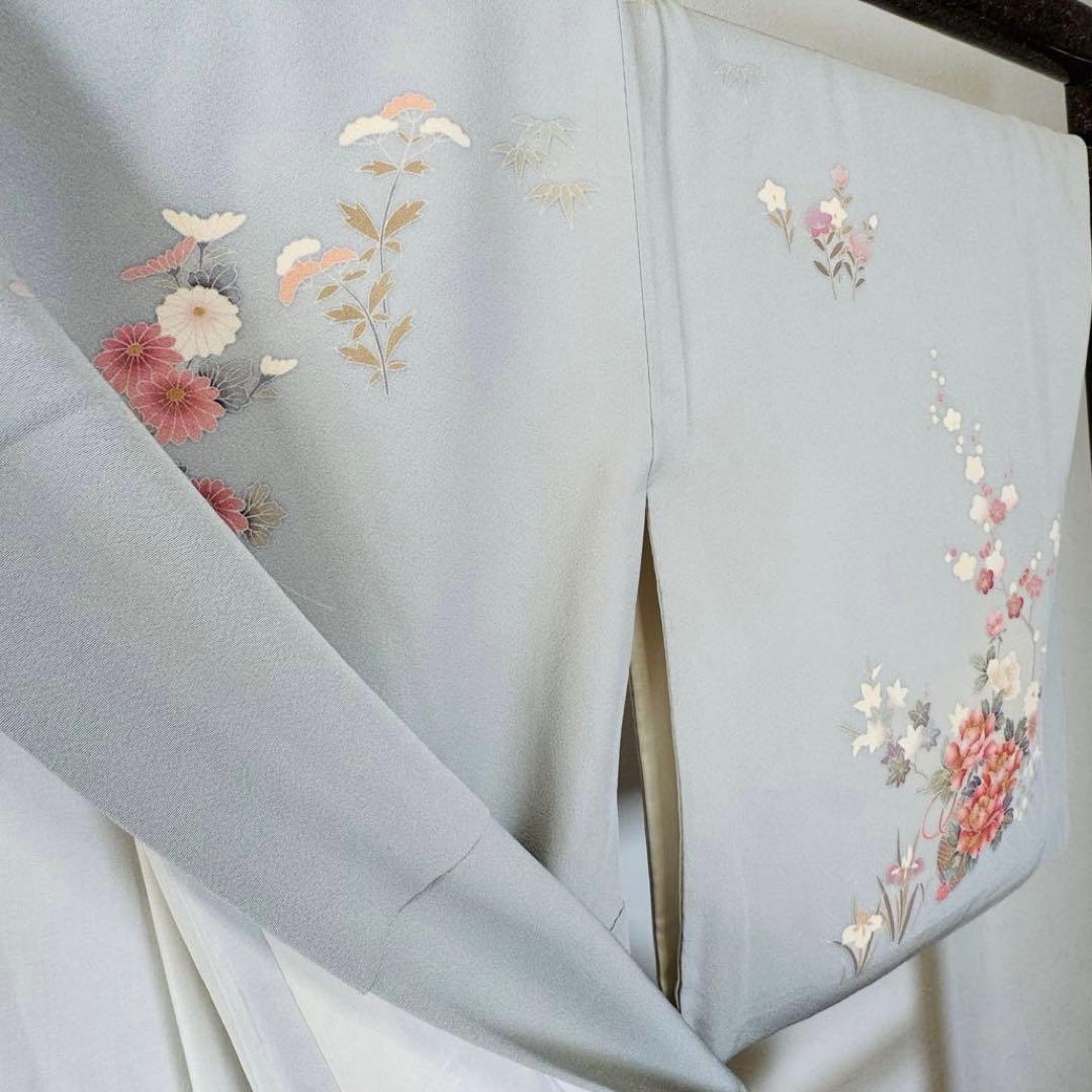 超美品　正絹　袷　広襟　訪問着　付け下げ　着物　162裄61.5　水色　作家物