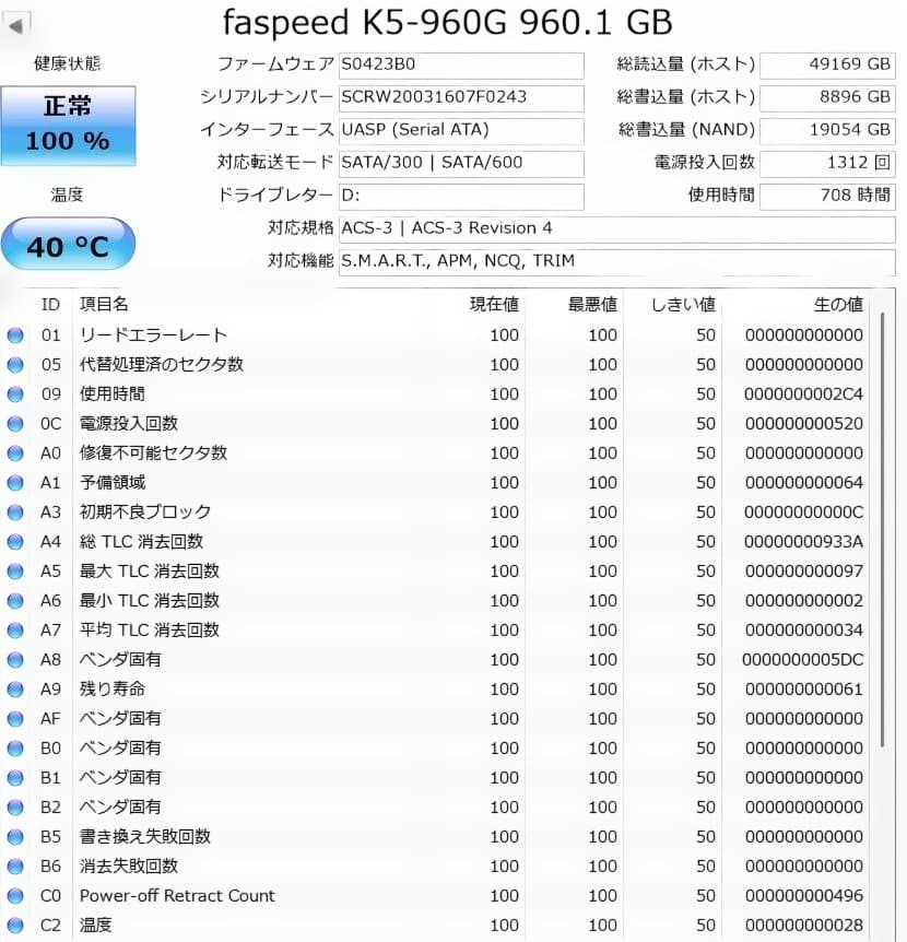 2.5インチSSD SATA 960GB Faspeed K5-960G