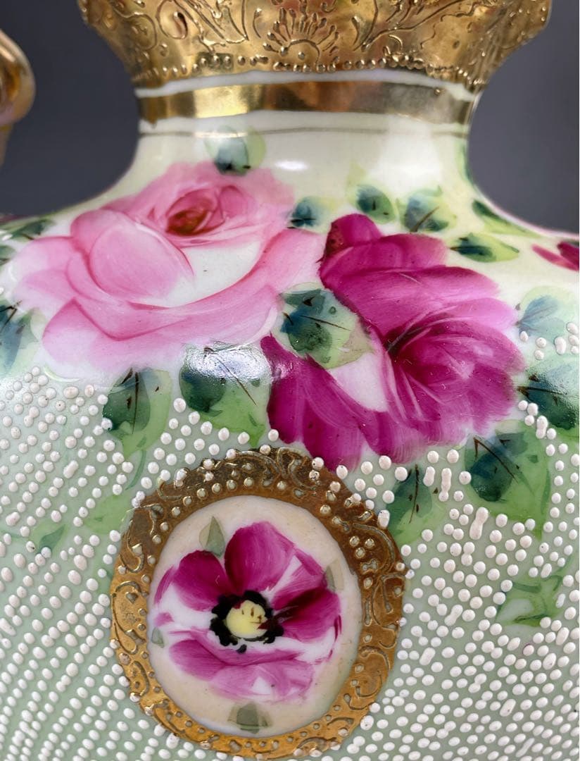 【美品】オールドニッポン アールヌーボー 薔薇紋 金盛り 花瓶