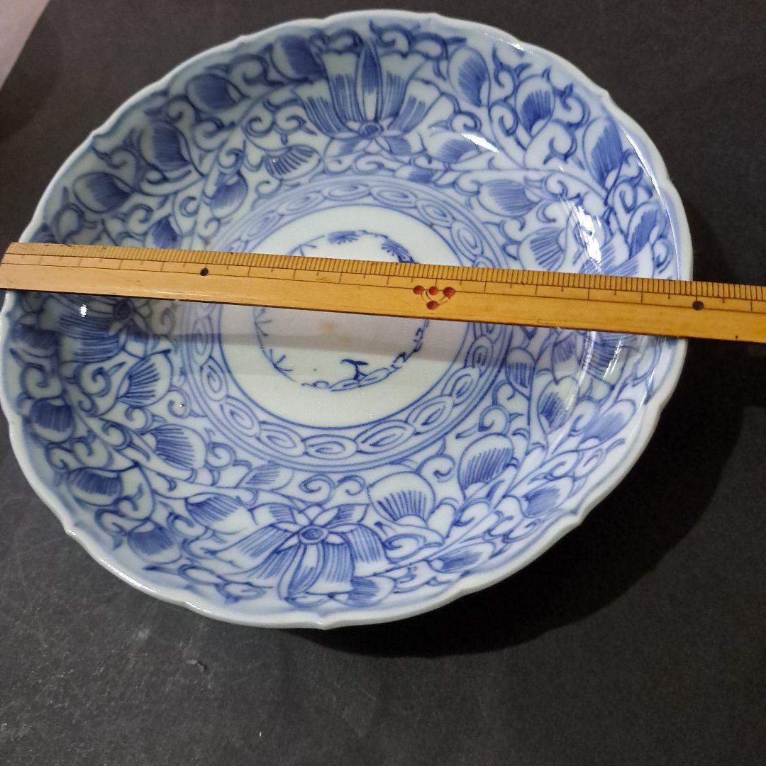 江戸中期　乾隆年　古伊万里　線画華唐草図　五寸皿　向付　膳皿　輪花　五客セット