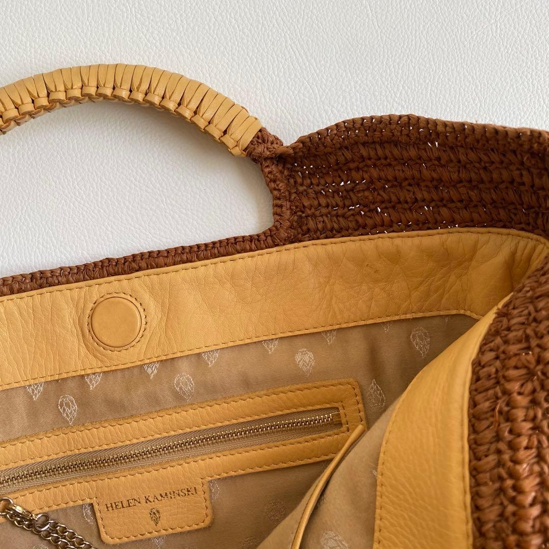 極美品　ヘレンカミンスキー　ラフィア　レザーハンドル ラフィアトートバッグ