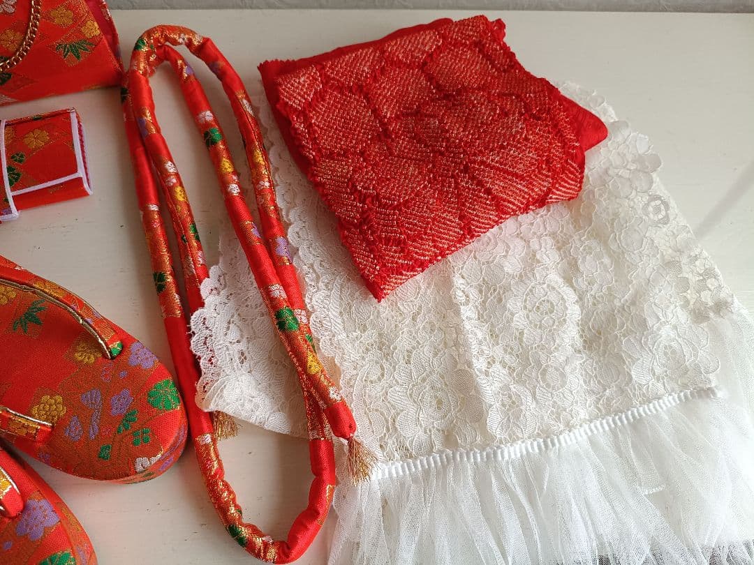 刺繍いりブルーピンクの着物に白シルバーの作り帯セット☆七五三などに