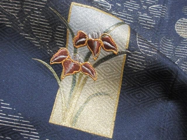 訪問着：美品：花短冊と枝垂れ桜と萩：紺色 袷着物：P43