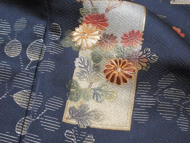 訪問着：美品：花短冊と枝垂れ桜と萩：紺色 袷着物：P43