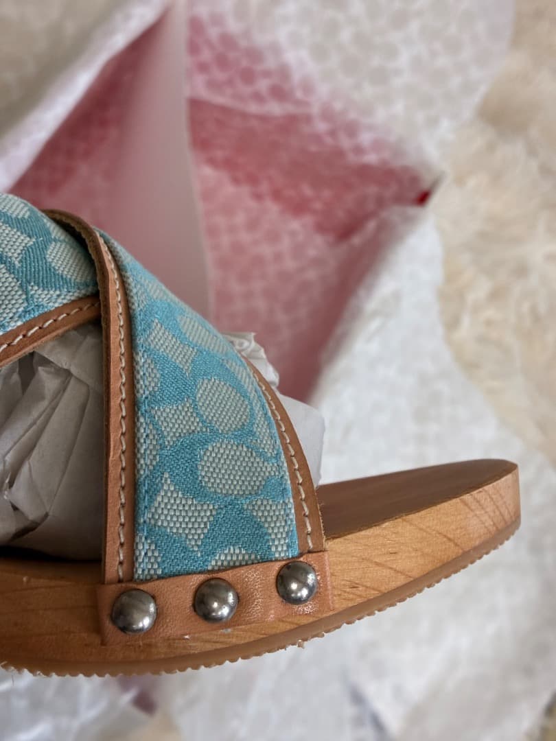 稀少　未使用品　ヴィンテージ　コーチシャロンブルー＆ブラウンレザー木製下駄