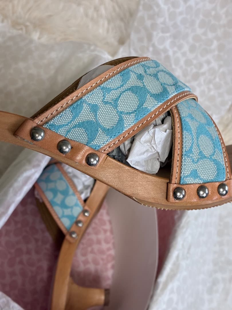 稀少　未使用品　ヴィンテージ　コーチシャロンブルー＆ブラウンレザー木製下駄