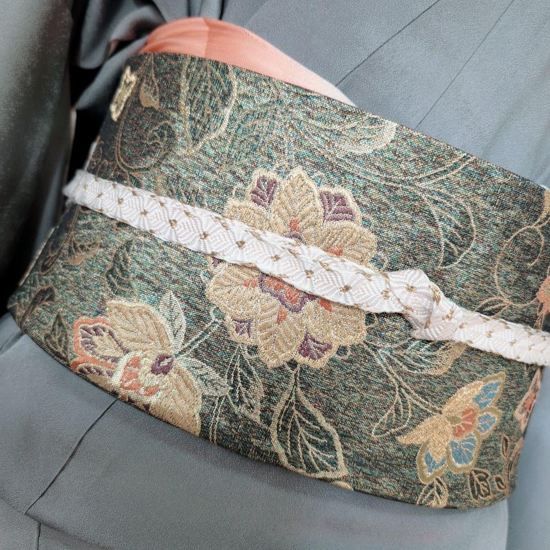 訪問着　フルセット　着物　正絹　トールサイズ　金彩加工　花　グレー地　O7