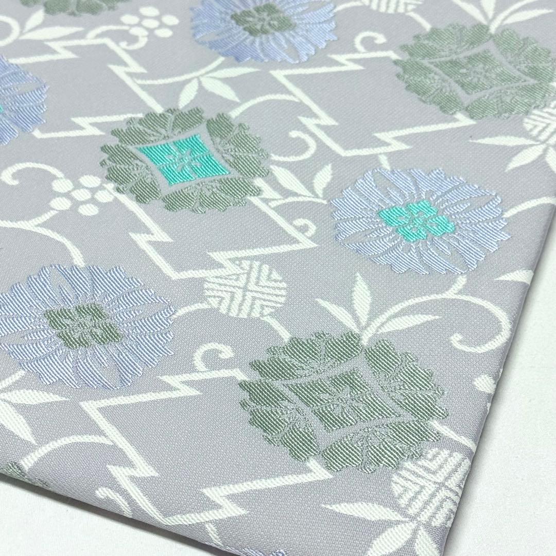 【名古屋帯】　青藤色　松皮菱　花菱　刺繍　笹蔓　正絹 爽やか　シック　お上品　K