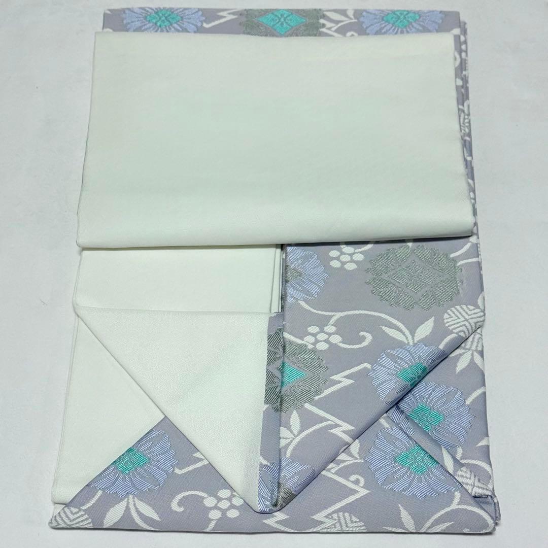 【名古屋帯】　青藤色　松皮菱　花菱　刺繍　笹蔓　正絹 爽やか　シック　お上品　K