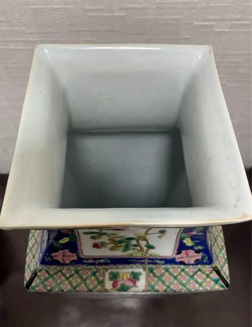 中国 粉彩 色絵 花鳥人物図 双耳四方瓶 古玩 古美術