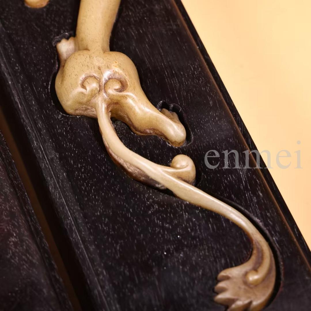 中国古美術・旧藏珍品・紫檀製文箱・獅子彫刻・翡翠象嵌・純手作り・書道具・時代物