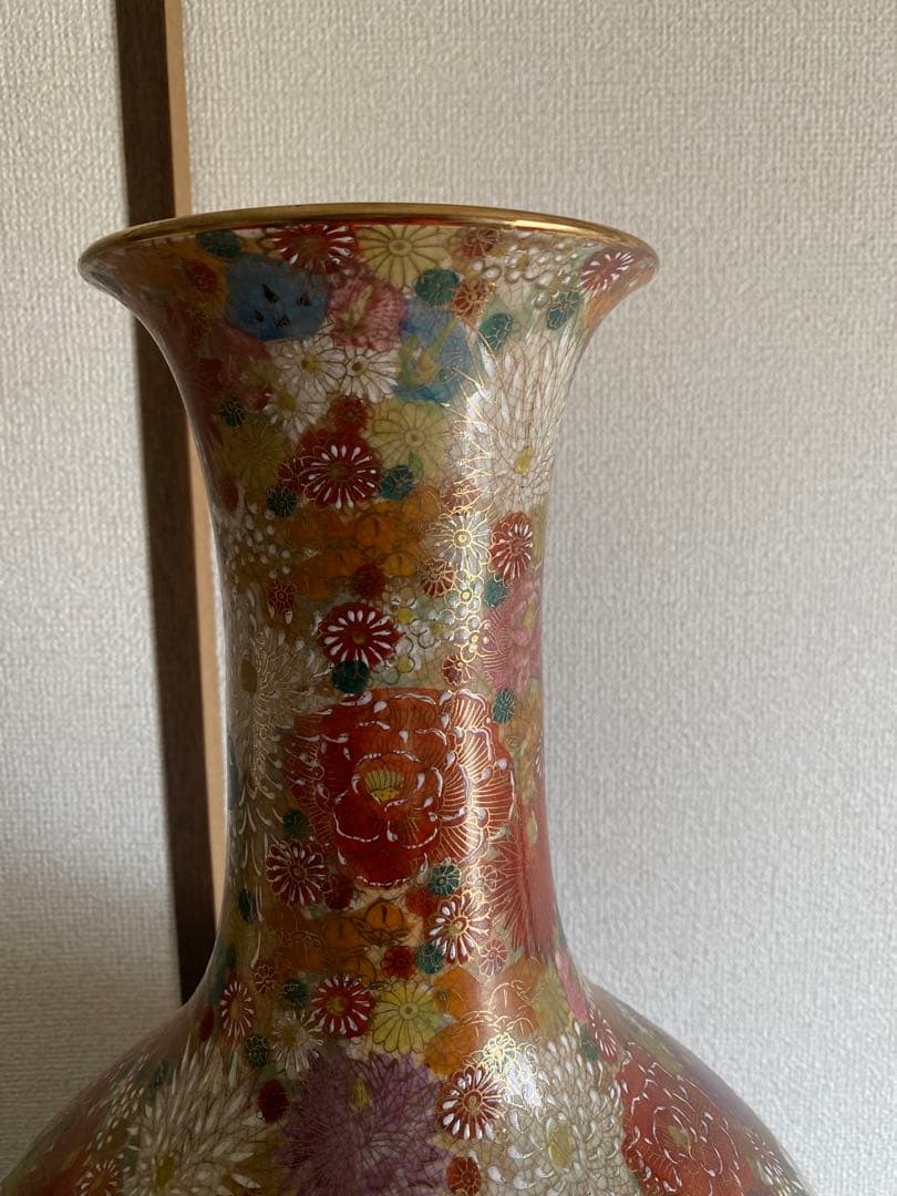 丸十　◯十　薩摩焼　薩摩藩　マーク　色絵金襴手花詰 花瓶　骨董　大変希少