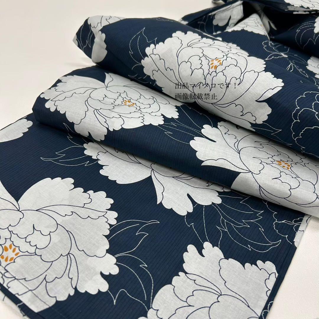 浴衣　大きめサイズ　浴衣 3L 牡丹　濃紺　兵児帯エンジ　2点　新品　0719②