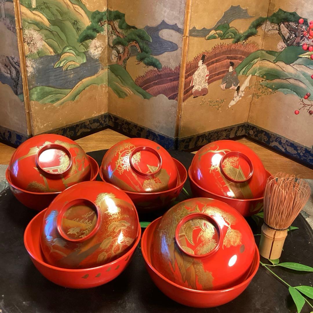 A902木製輪島塗　懐石道具　赤　古典風景蒔絵　　『塗師銘仁左衛門』　５客