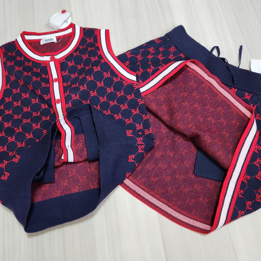 新品未使用☆sandie☆ゴルフ総ロゴニットベストスカートセットアップ紺赤上下M