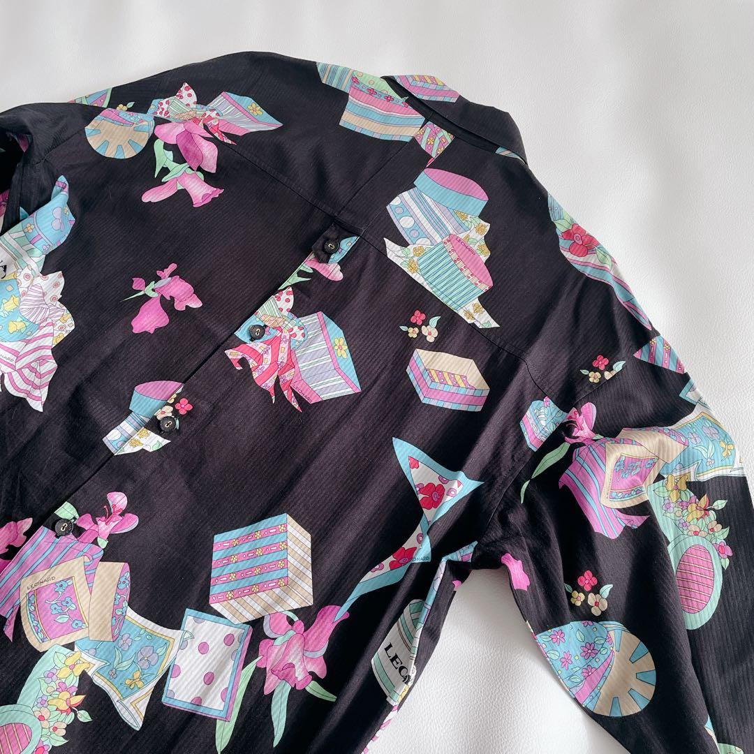 美品✨ LEONARD レオナール 長袖シャツ 総柄　日本製　サイズ40 黒　花