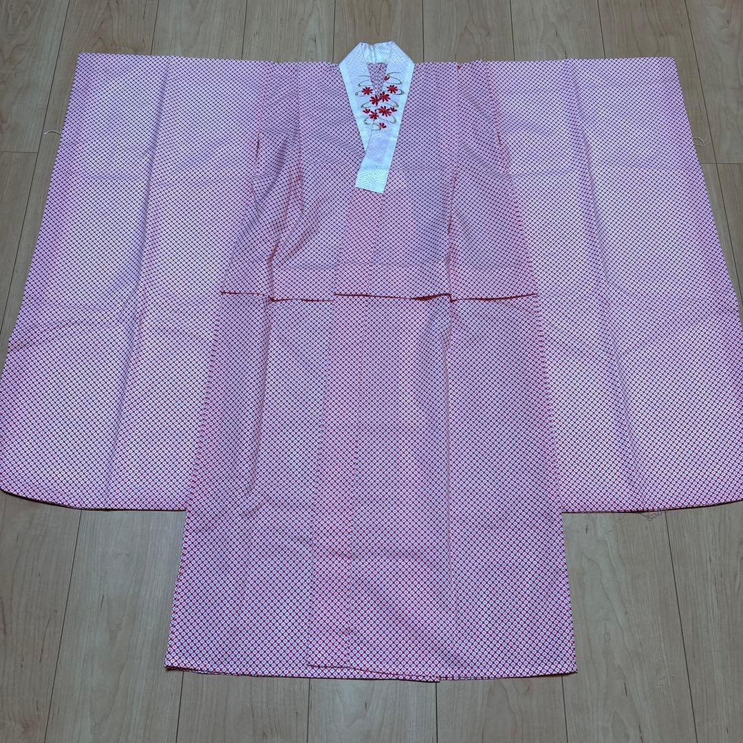 111 総絞り　正絹　赤　疋田　鹿の子　着物+長襦袢　7歳　七五三　四つ身