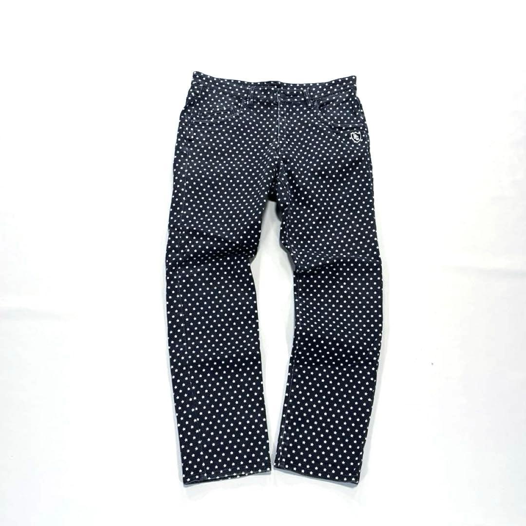 パーリーゲイツ ロングパンツ　5/L 総柄 スター 星　ヴィンテージ加工 紺