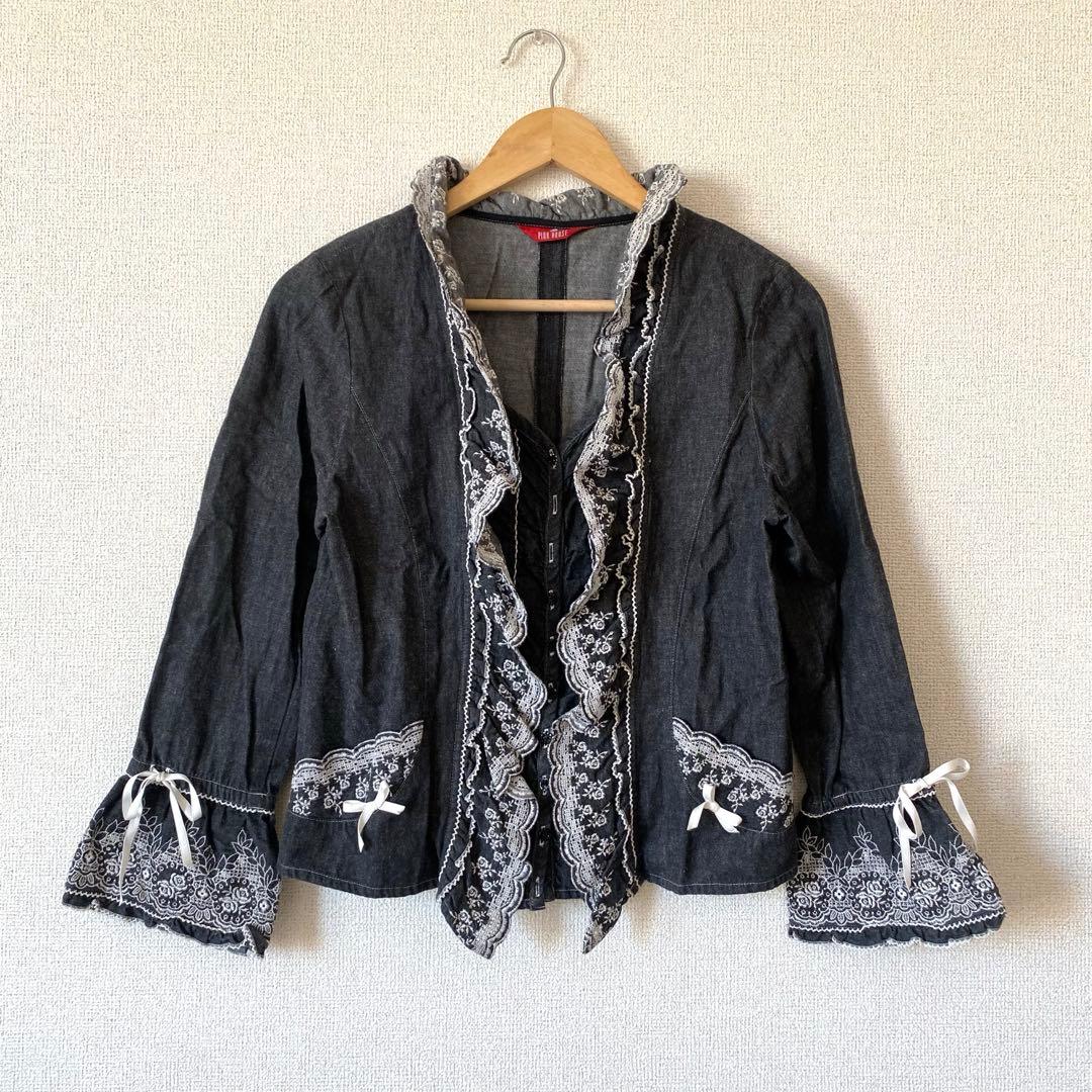 PINK HOUSE デニムトップス 重ね着風 フリル刺繍 リボン