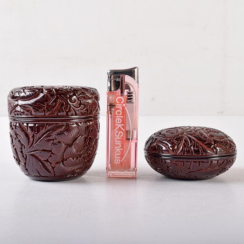 無形文化財　三野原晃一作　村上堆朱　牡丹文　棗　香合　共箱　2点　M　R8069