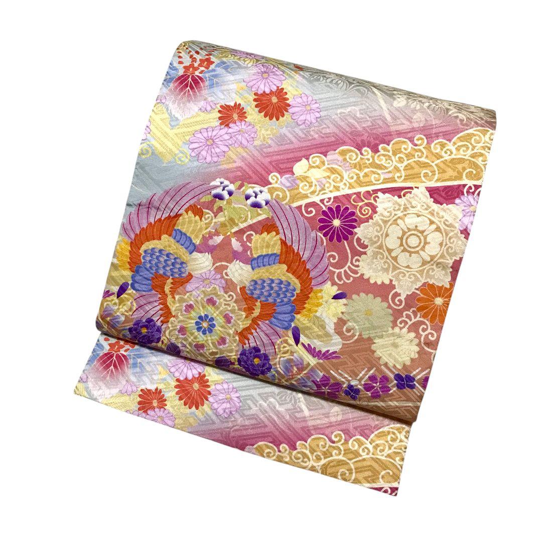 【袋帯】向鳳凰模様 　菊　花　モダン　正絹 成人式　美品　現代　洒落袋帯　紗綾型