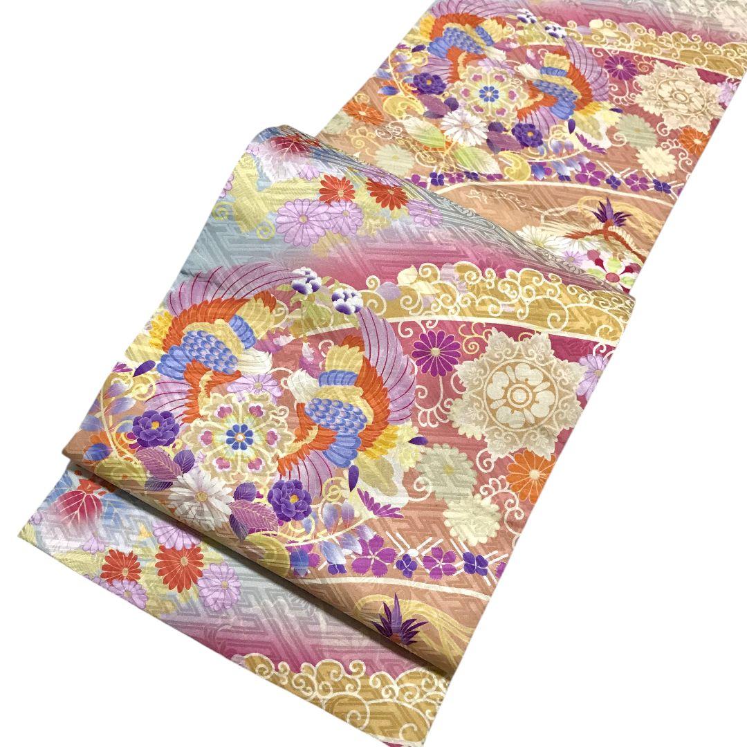 【袋帯】向鳳凰模様 　菊　花　モダン　正絹 成人式　美品　現代　洒落袋帯　紗綾型