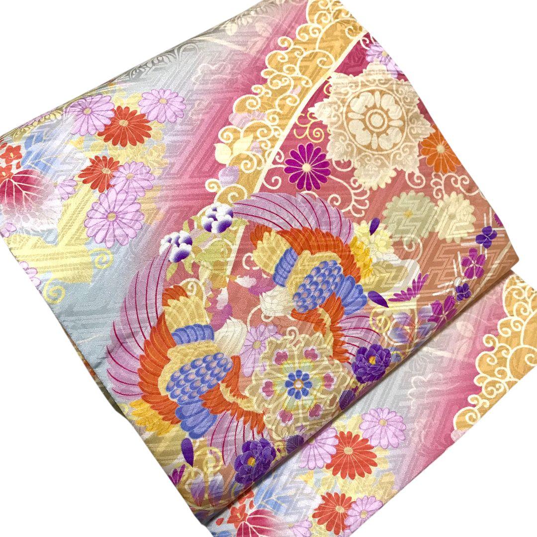 【袋帯】向鳳凰模様 　菊　花　モダン　正絹 成人式　美品　現代　洒落袋帯　紗綾型