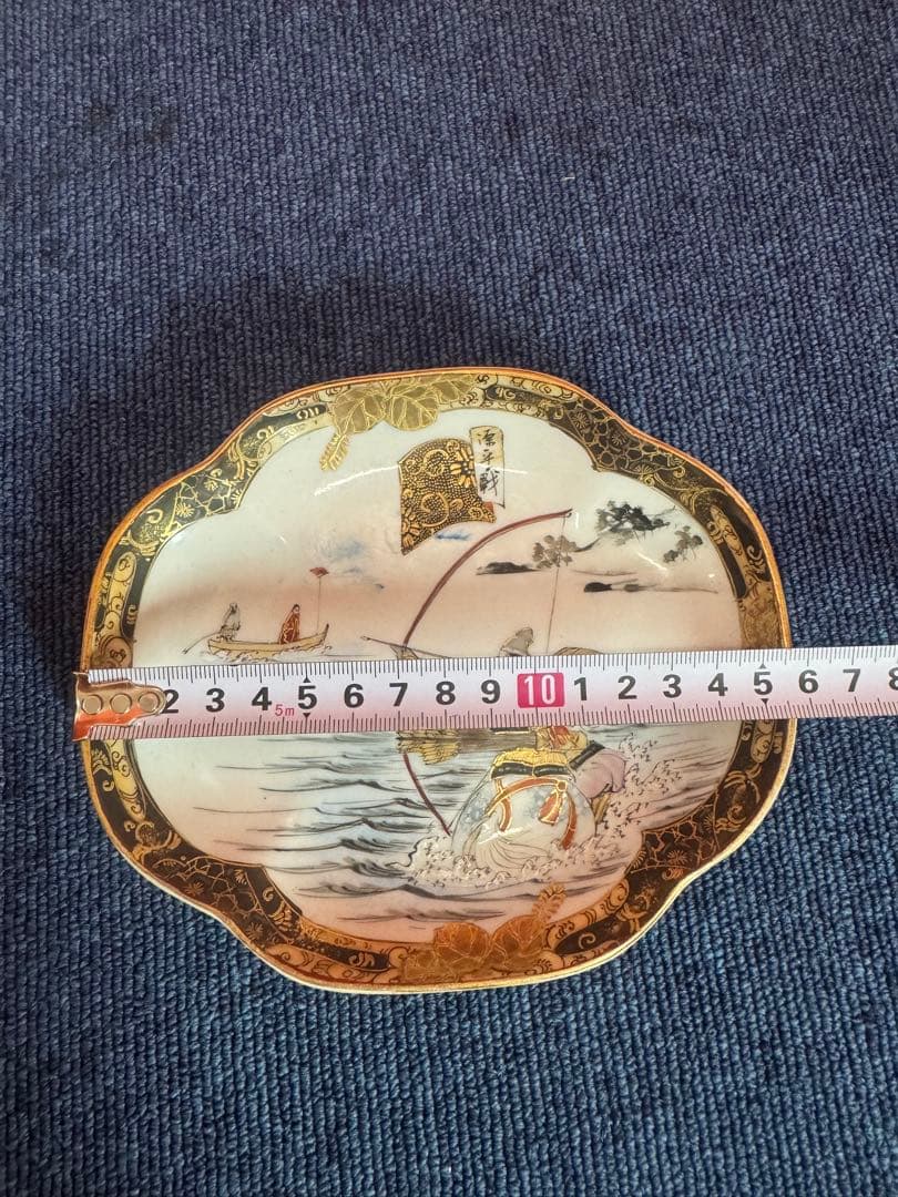 1819  明治時代　九谷焼　細密絵付人物山水図　菱形皿　5客　時代物