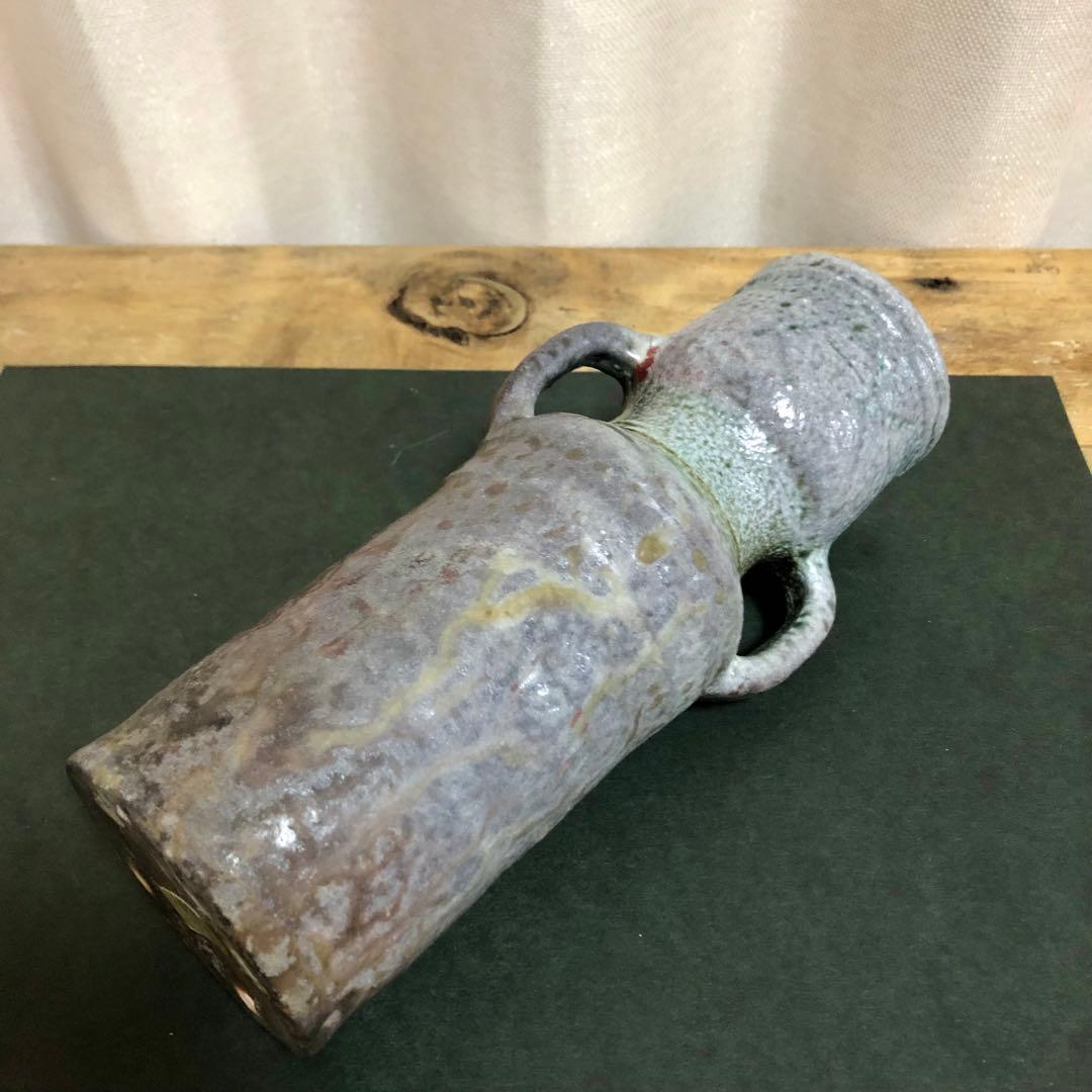 佐久知炎仙 秘色南蛮花器 茶道具 共箱 耳付花入