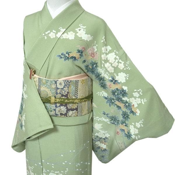 訪問着 着物 袷 手描き友禅 淡鶯色 梅 松 鳥 裄69 Ｌ 中古 sn1800