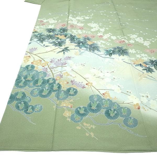 訪問着 着物 袷 手描き友禅 淡鶯色 梅 松 鳥 裄69 Ｌ 中古 sn1800