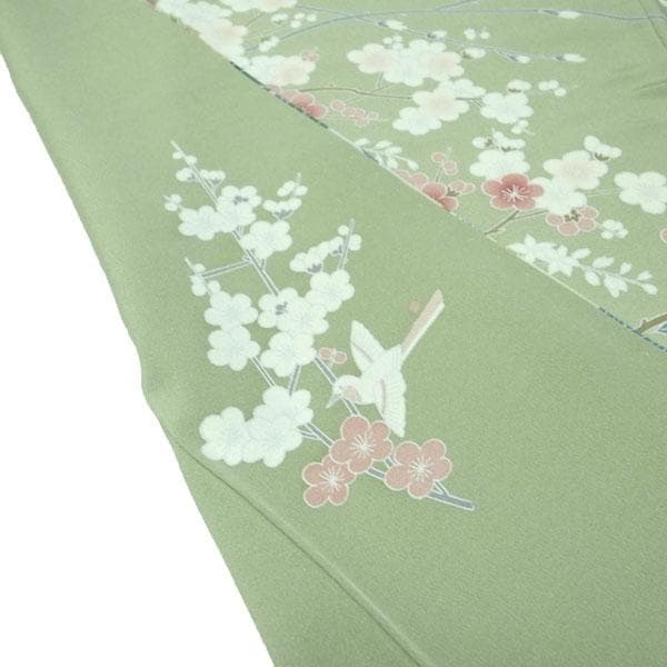 訪問着 着物 袷 手描き友禅 淡鶯色 梅 松 鳥 裄69 Ｌ 中古 sn1800