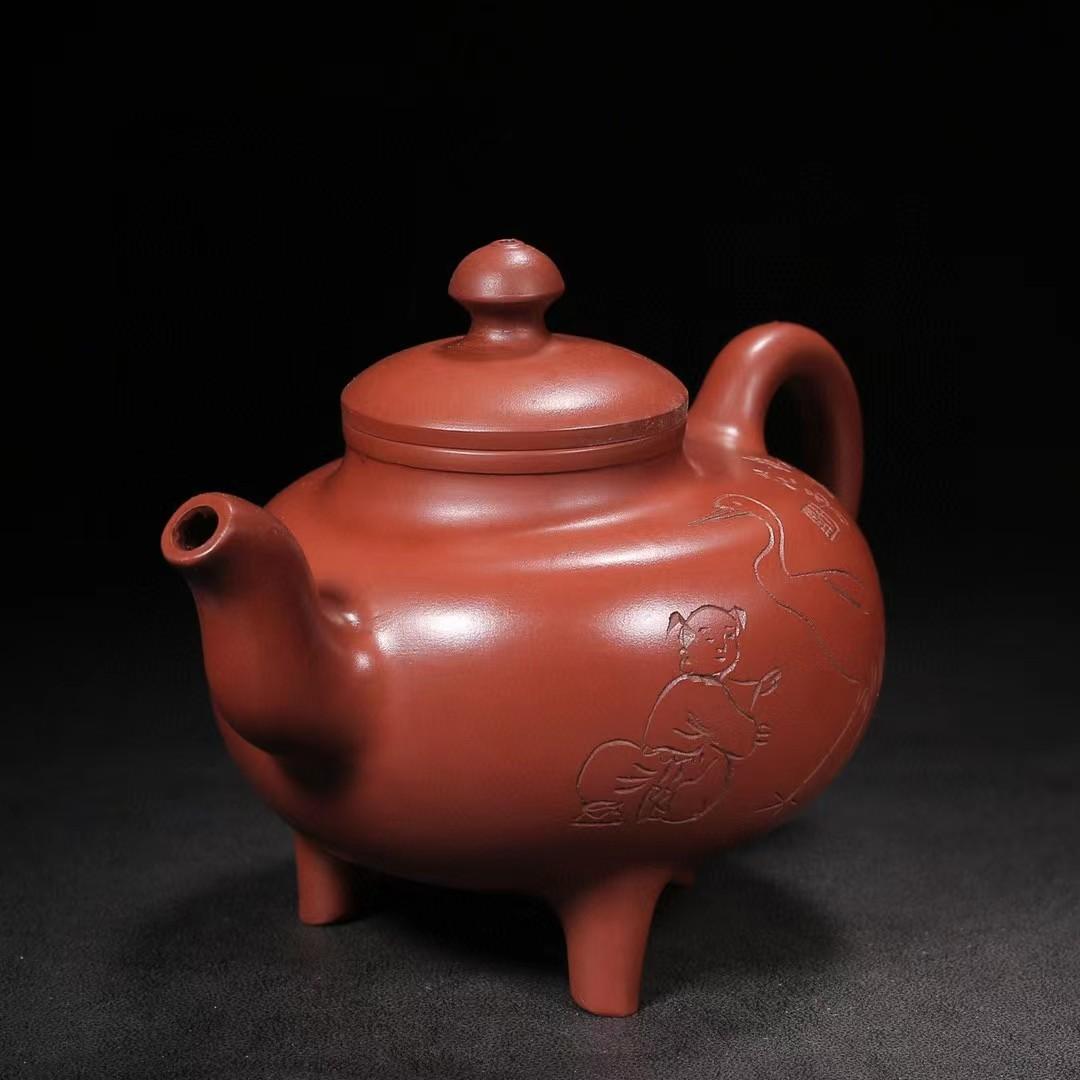 中国古美術・洪壽紫砂壺・原礦清水泥・顧景舟製壺紋・範曾(刻画)・紫泥急須・茶壺