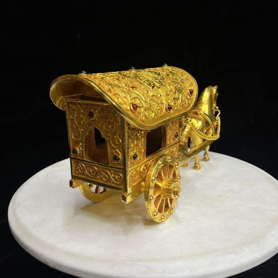 中国美術品　極細工　塗金宝石嵌黄金馬車　骨董　珍蔵品