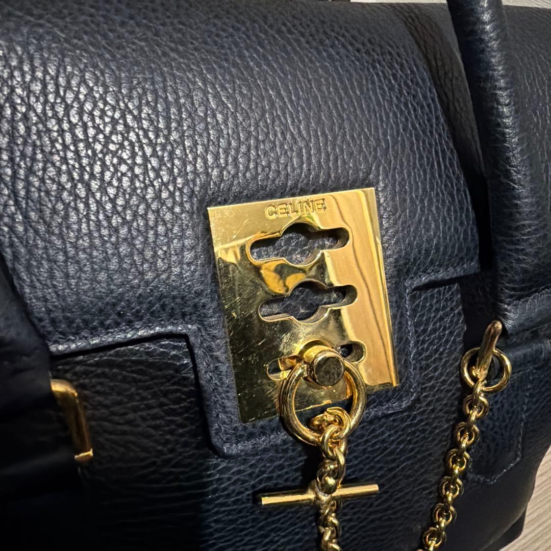 CELINE マンテル ハンドバッグ レザー ネイビー　ヴィンテージ　セリーヌ
