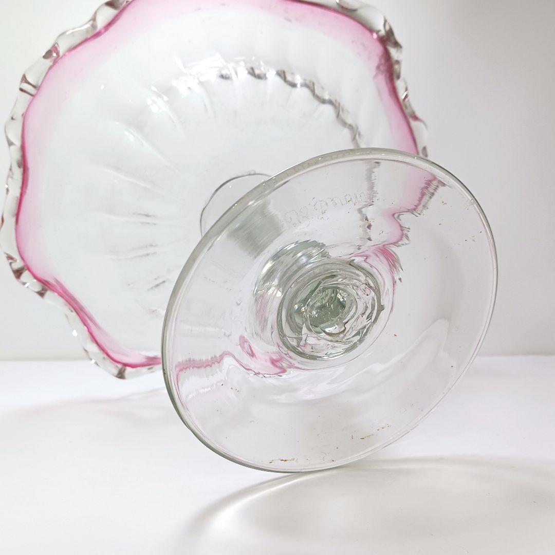 Y2680-1 時代レトロ 赤縁ガラス 大型コンポート 皿 サイン入り #6