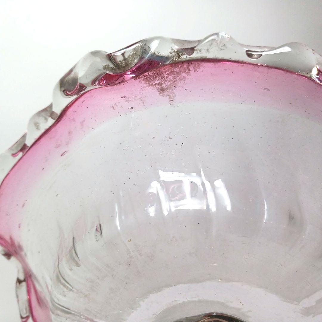 Y2680-1 時代レトロ 赤縁ガラス 大型コンポート 皿 サイン入り #6