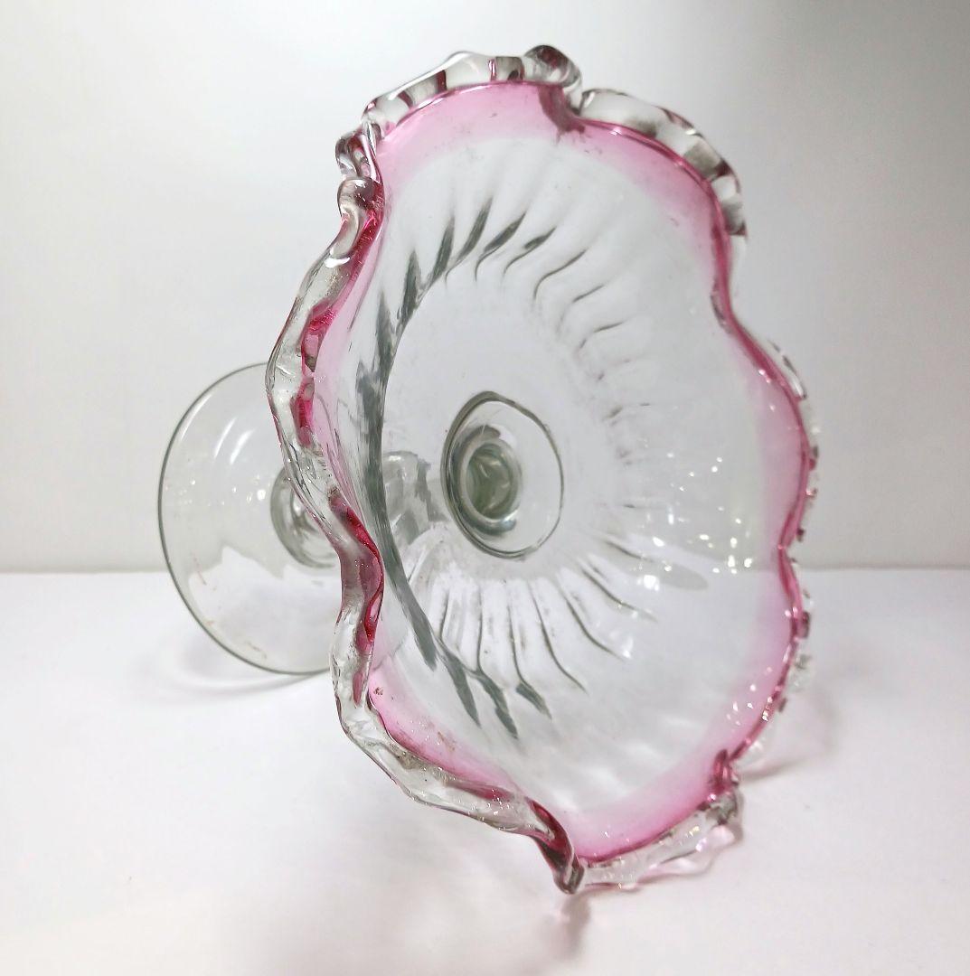 Y2680-1 時代レトロ 赤縁ガラス 大型コンポート 皿 サイン入り #6