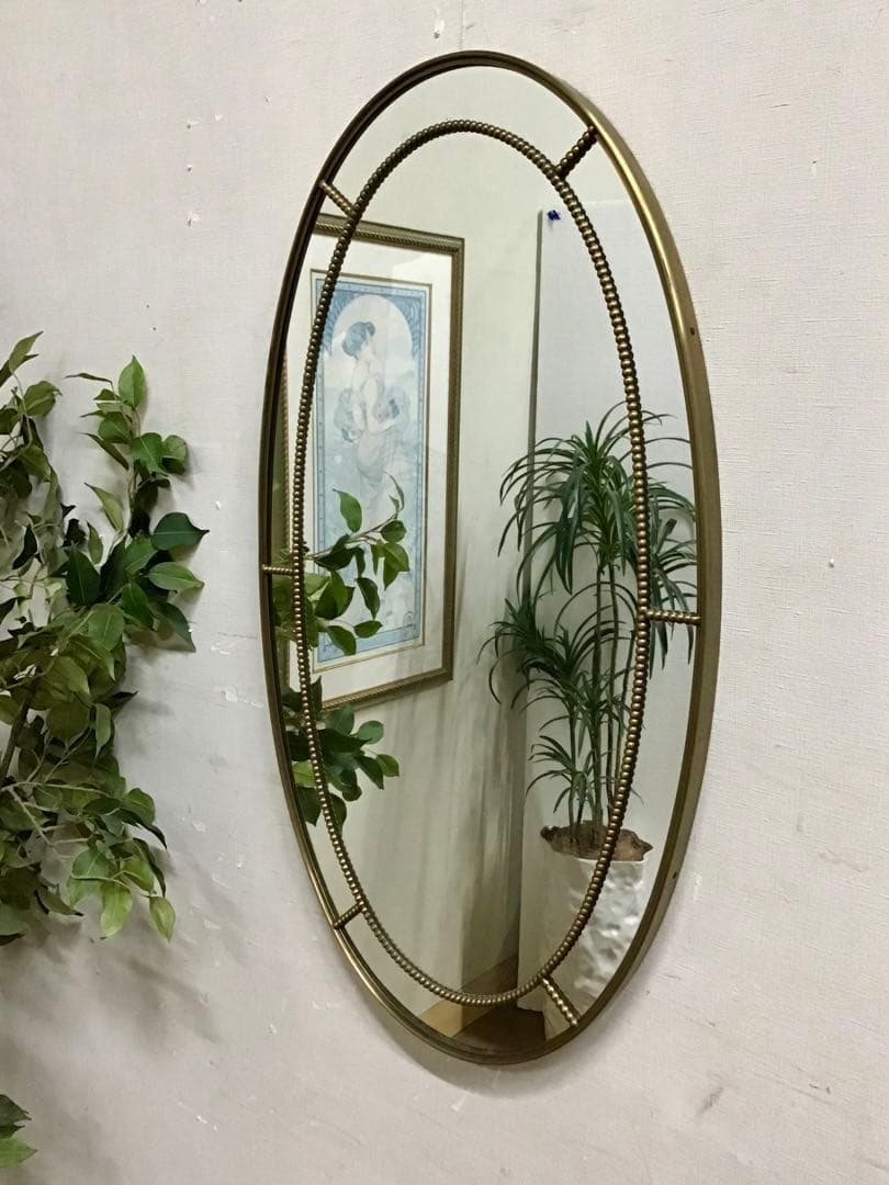 管326☆イタリア製☆真鍮製☆アンティーク☆オーバルミラー☆