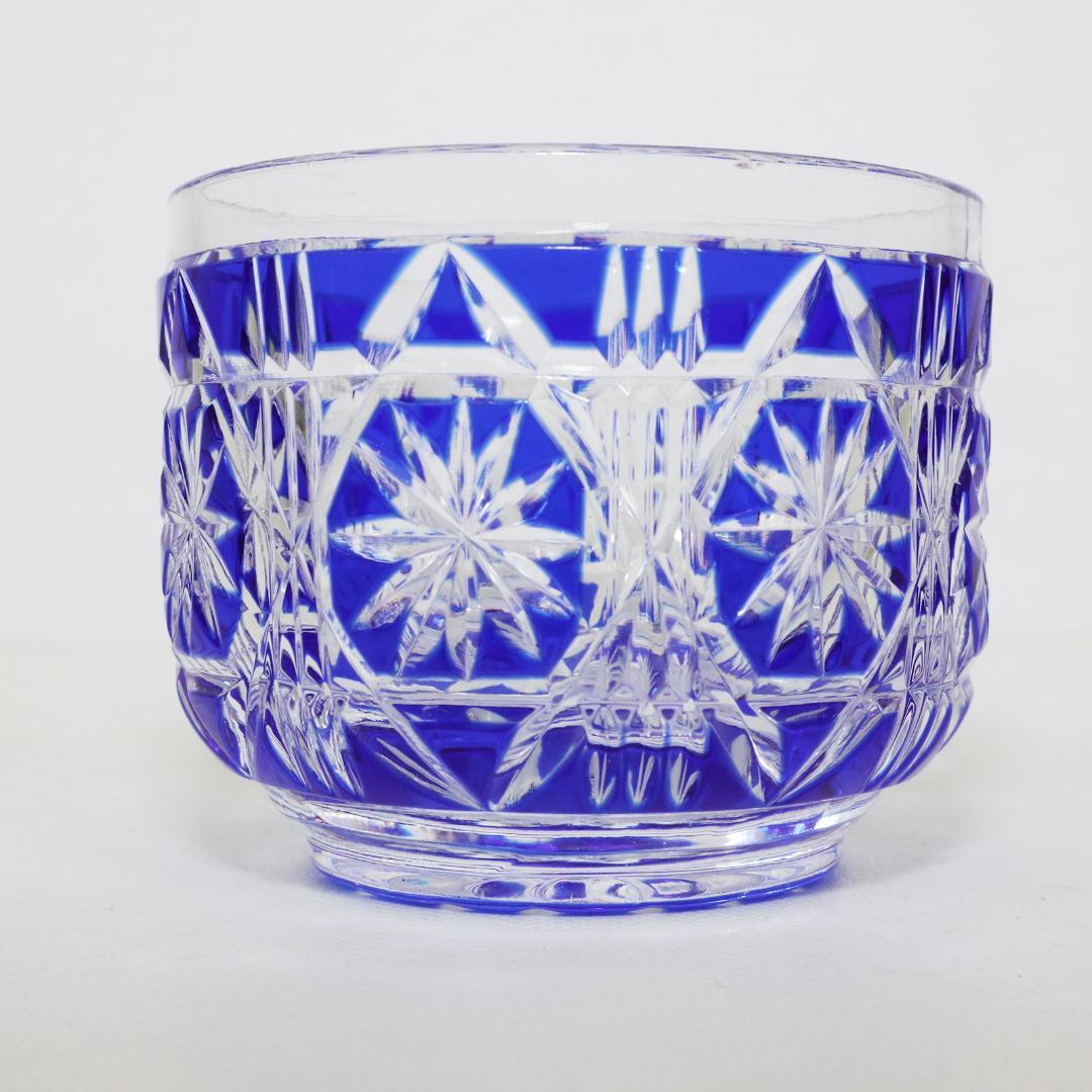 薩摩切子 猪口 八角 籠目文 青　酒器　ぐい呑み　切子