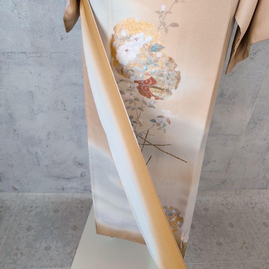 訪問着　フルセット　着物　正絹　ゴールドベージュ　Sサイズ　花　しつけ糸金　C1