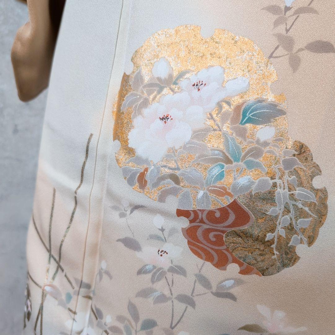 訪問着　フルセット　着物　正絹　ゴールドベージュ　Sサイズ　花　しつけ糸金　C1