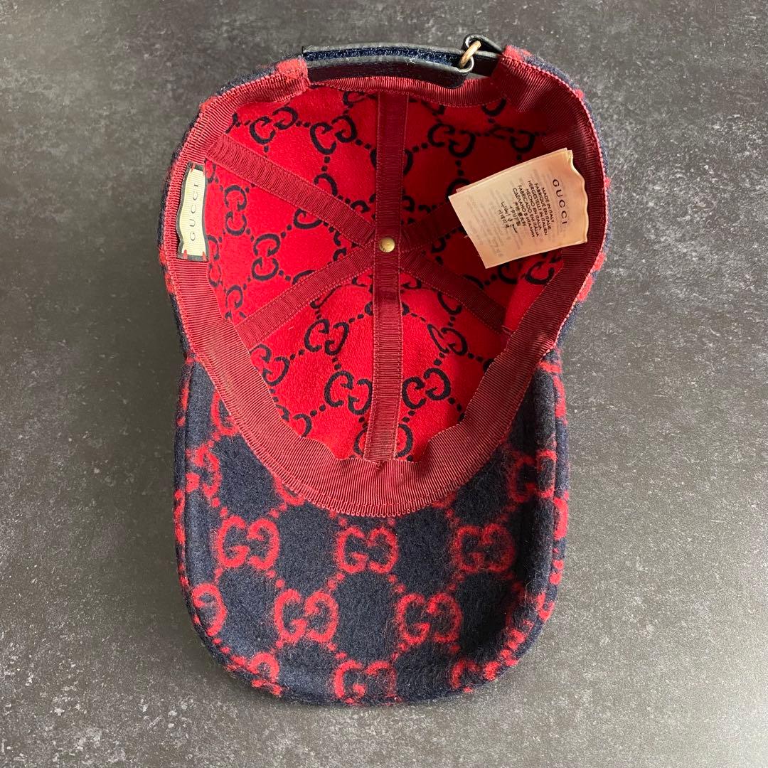 希少　グッチ　GUCCI　ベースボールキャップ　帽子　GG柄　ウール　黒　赤