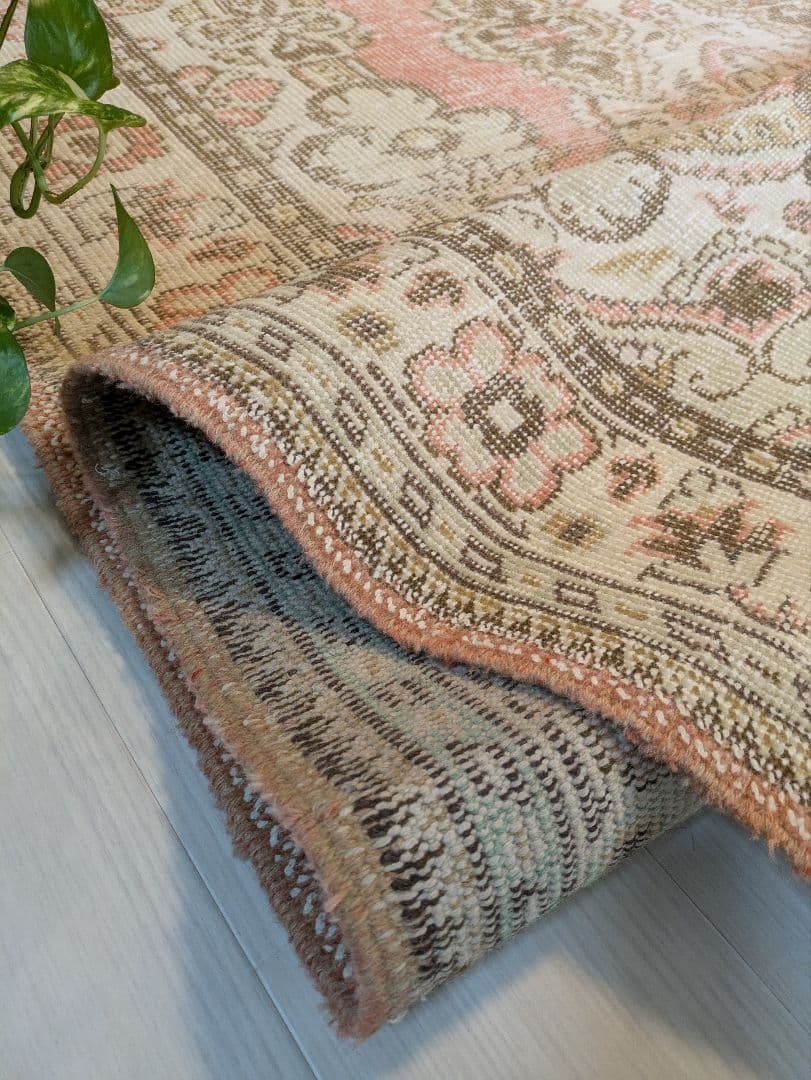 大判163×258 シャビーサーモン×エメラルドグリーン　トルコヴィンテージラグ